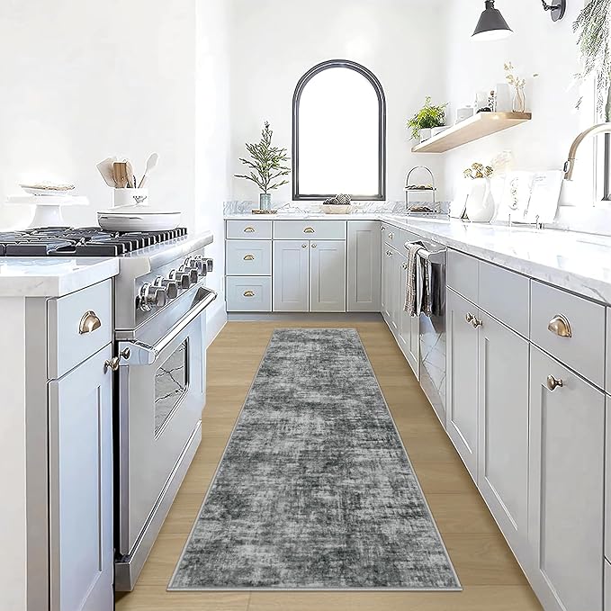 2'6''x8' Runner Rugs Washable Rug: Modern Abstract Hallway Black Carpet | Non-slip TPE backing makes this washable soft low-pile rug safe & durable, Pet-friendly decor for dining room,nursery,office