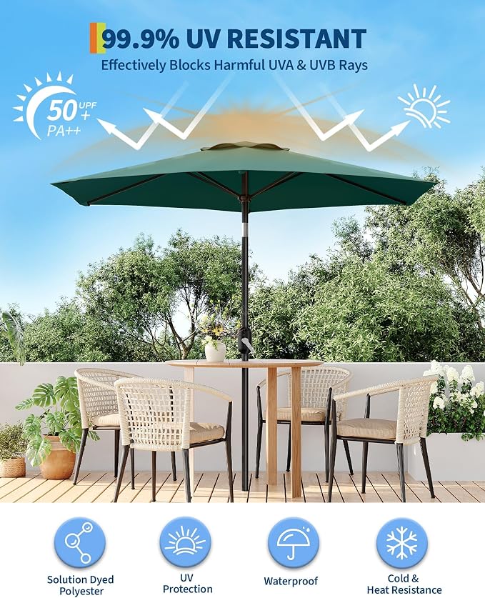 7.5-FT Outdoor Patio Umbrella with Push Button Tilt & Crank - Heavy-Duty Market Umbrella for Table, Garden, Pool, Deck, Backyard - 6 Sturdy Ribs,UV Protection & Waterproof Fabric,Dark Green