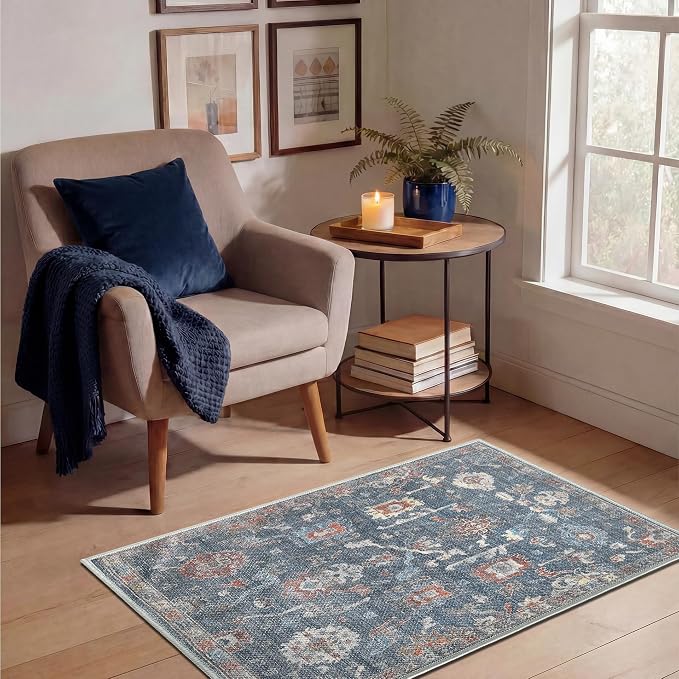 Keen Home Design Vintage Washable Entryway Rug, Non-Slip Low Pile, 2x3 | Machine Washable Cotton Chenille, 0.25In Low Pile, Rubber Non-Slip Back; Kitchen, Entryway, Bathroom, Bedside