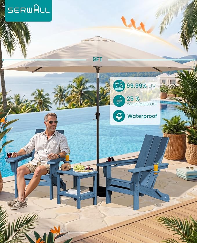 SERWALL Modern Folding Adirondack Chair Set with 9 Ft Umbrella, Folable Adirondack Chairs Set of 2 with Cup Holders, HDPE Fire Pit Chairs for Patio Lawn Garden, Blue (Umbrella Base is not Included)