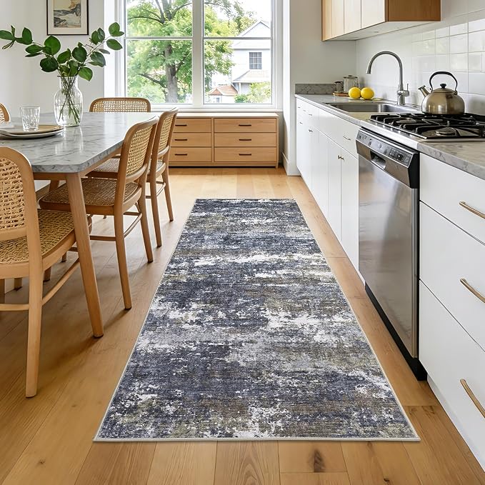 ROYHOME Abstract Runner Rugs 2x10 Grey Brown | Non Shedding Rug Low Pile Stain Resistant for Bedroom Hallway Kitchen