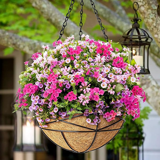4 Pack 12 Inch Hanging Planters for Outdoor Plants Metal Watering Flower Baskets with Coco Liner for Outside Panting Plant Holder Pot for Home Garden Porch Balcony Railings Decor