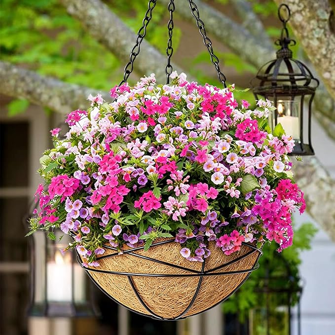 4 Pack 14 Inch Hanging Baskets for Plants Outdoor Large Flower Planters with Coco Liner for Outside Panting Watering Plant Pot Holder for Home Garden Porch Balcony Railings Decor