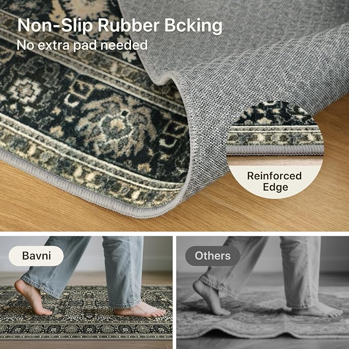 2x5 Kitchen Runner Rug, Washable Non Slip, Black | Vintage Floral Design, Spill Resistant Lightweight Low Pile Carpet for Hallway, Bedroom, Laundry Room, Bathroom
