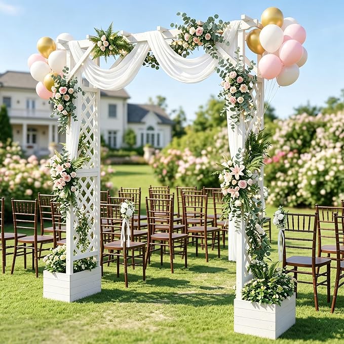 VINGLI Wooden Garden Arbor with Planter, Wedding Arch for Ceremony, Wood Garden Arbour Trellis for Plant Climbing, Pergola for Garden Backyard, Lawn, Outdoor (White)