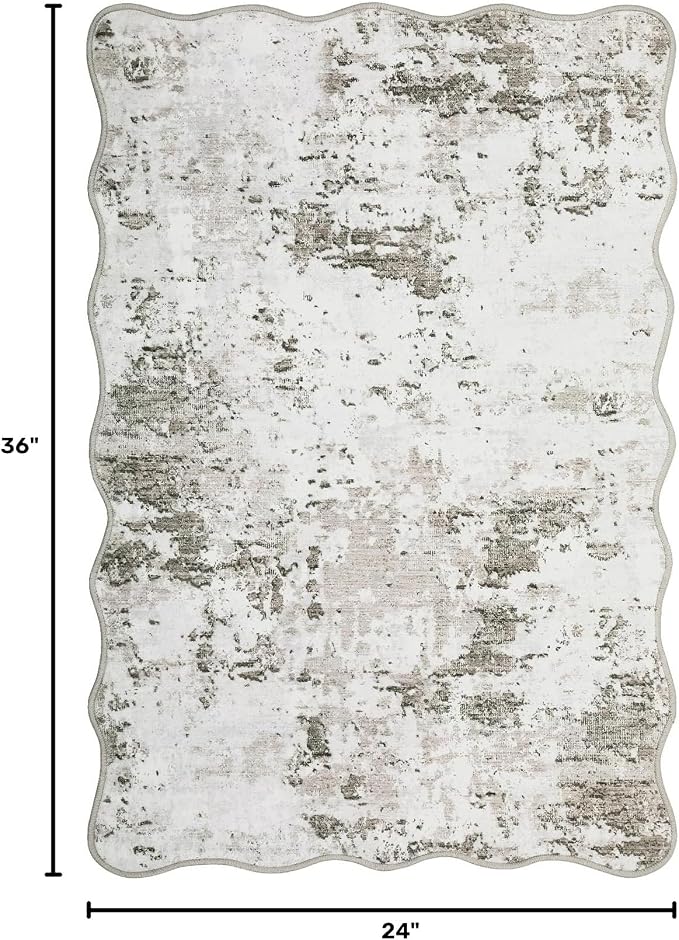 ROYHOME Modern Scalloped Abstract 2x3 Area Rug Non Slip, Taupe | Non Shedding Low Pile Stain Resistant Rug for Entryway Kitchen Bedroom