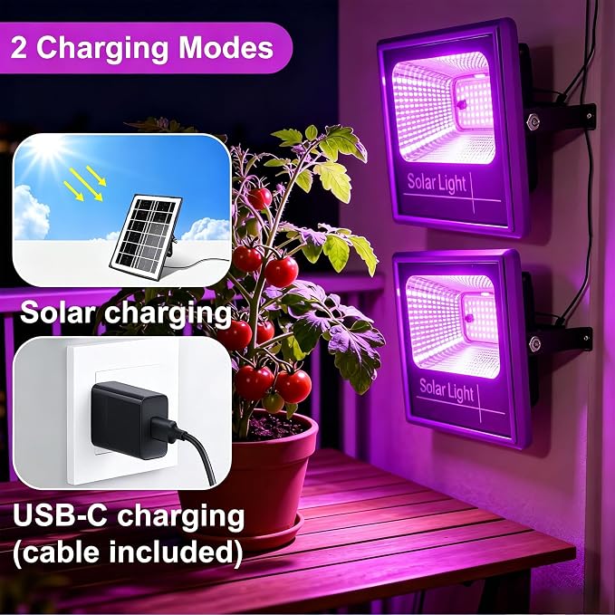 2-Pack Solar Grow Lights, Rechargeable Grow Light, Full Spectrum Plant Light for Indoor Outdoor Plants with Timer, Solar Plant Lights for Greenhouse with Remote Control and 16.4ft Cord/USB Charging