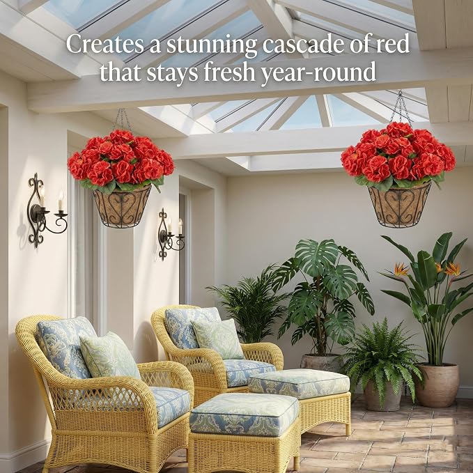 2 Pack Artificial Geraniums Flowers with Hanging Baskets,UV Resistant Silk Faux Red Geranium Flowers with Hanging Planters for Outdoor Patio Balcony Front Porch Garden Home Decor