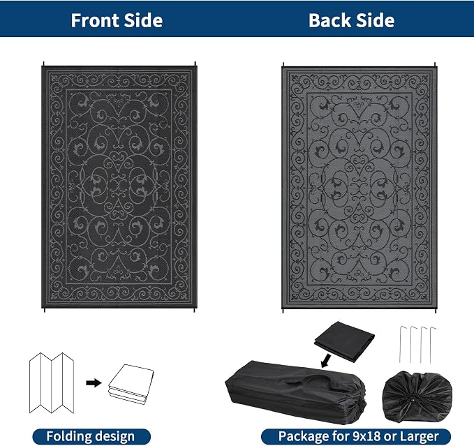 Garvee Outdoor Rug 9x18 Outdoor Patio Rug Reversible Plastic Straw Rugs Waterproof Foldable Mat Easy Clean Lightweight Carpet for Backyard Camping Porch RV Beach Balcony Deck Picnic Vintage Black