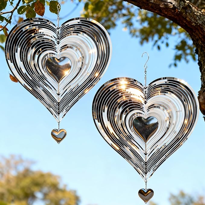 Wind Spinner 12-Inch Outdoor Decoration Gift for Mom | Hanging Yard Art, Garden Decoration for Outdoor and Indoor, Gift for Grandma and Women, 3D Heart, Stainless Steel, 2 Pack