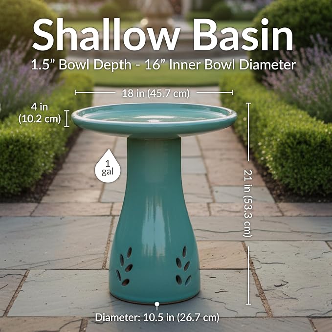 Sunnydaze 21" H Ceramic Bird Bath for Outside - Hand-Painted Outdoor Bird Bath Bowl, UV/Frost-Resistant Finish - Seafoam