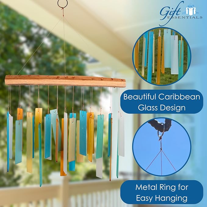 Blue Handworks Caribbean Beach Glass and Driftwood Chime - Sandblasted Glass and Found Wood Hand Crafted Wind Chime | Sandblasted Glass and Found Wood Hand Crafted Wind Chime