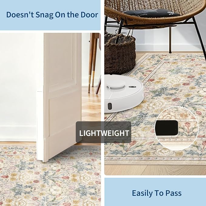 GarveeHome Beige Washable Area Rug 5x7, Retro Floral Low Pile Non Slip Living Room Rug Soft Cottage Core Rug Farmhouse Indoor Carpet for Bedroom Dining Room Playroom