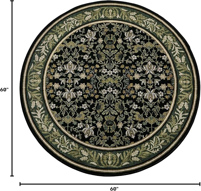 GarveeHome Round Rugs 5ft Washable Circle Rug for Living Room, Green Black | Boho Vintage Non Slip Soft Low Pile Stain Resistant Indoor Carpet for Bedroom Dining Room Kitchen Entryway Office