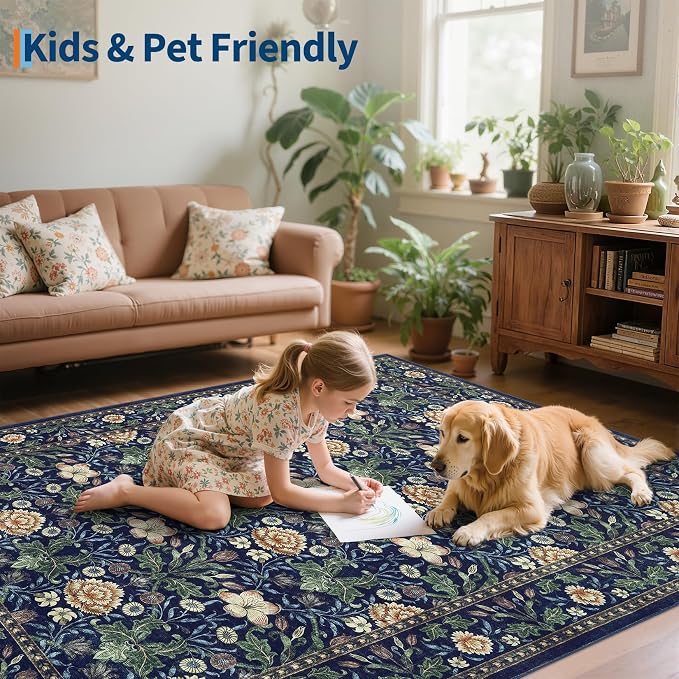 GarveeHome Washable Area Rug 6x9, Soft Vintage Floral Bedroom Rug Non Slip Low Pile Forest Green Carpet Stain Resistant Retro Navy Throw Rug for Bedside Kids Room Office Dining Room