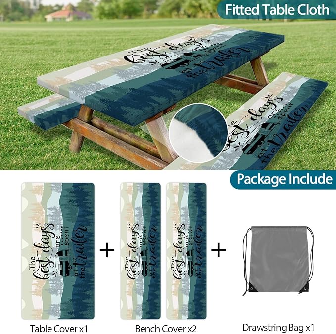 Picnic Table Cover Bench Elastic Edges, Green Blue Camping Forest Camper Fitted Table Cover, Outdoor Patio Camping Essentials 72 Inch 3PCS, Waterproof Camping Fitted Tablecloth with Drawstring Bag