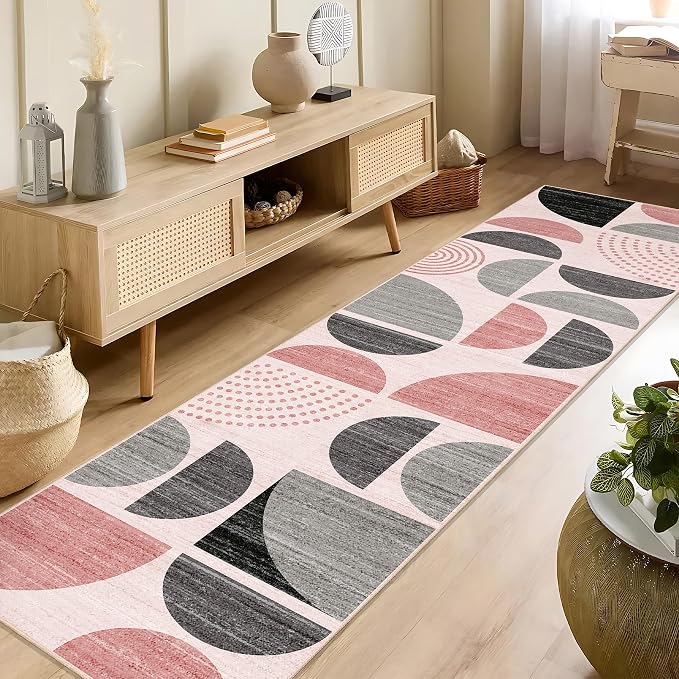 Pink Runner Rug Washable,Boho 2x8 Area Rugs Non Slip Modern Abstract | Long Throw Carpet for Hallways Kitchen Bedroom Entryway Bathroom Laundry Soft Low Pile Floor Indoor Bohemian Pink and Grey