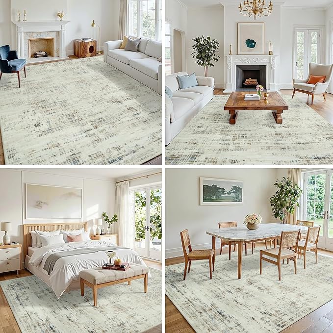8x10 Washable Area Rug for Living Room Bedroom: Non-Slip Modern Gray White | Machine Washable TPR Backing, Stain-Resistant Low Pile, Pet & Kid Friendly, Abstract Decor for Dining Room, Dorm, Home Office