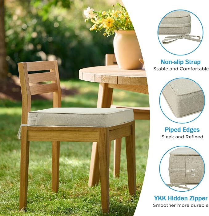 18.5 x 16 Inch Outdoor Chair Cushions with Tie Straps, Set of 4 Thick Water Repellent Rectangle Patio Chair Pads for Garden Lawn Patio Furniture, Linenweave Tan