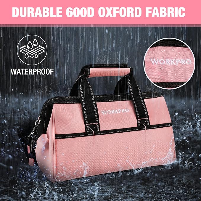 WORKPRO 13-Inch Tool Bag, Pink Soft Cloth Tool Storage Bags, Wide Mouth Tool Tote Bag with Inside Pockets - Pink Ribbon | Soft Cloth, Wide Mouth, Tool Tote Bag