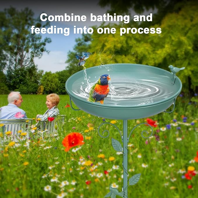 Bird Bath for Outside 38.5 Inch Green Freestanding Garden Birdbath | Metal bird bath with floral scroll 5-Pronged Base Deep large bowl for birds drinking & bathing Yard patio landscape decor