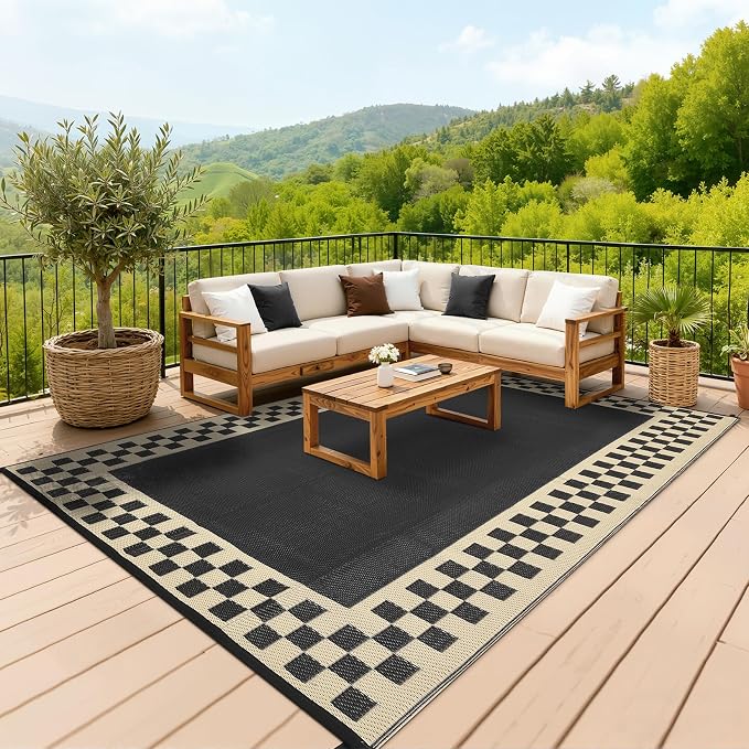 Patio Modern Geometric Border Outdoor Rug 10x14 Waterproof Large Reversible Camping Mat Foldable Lightweight Plastic Straw Outdoor Rug for Deck, Camper, Balcony, Beach, Rv，Black/Coffee