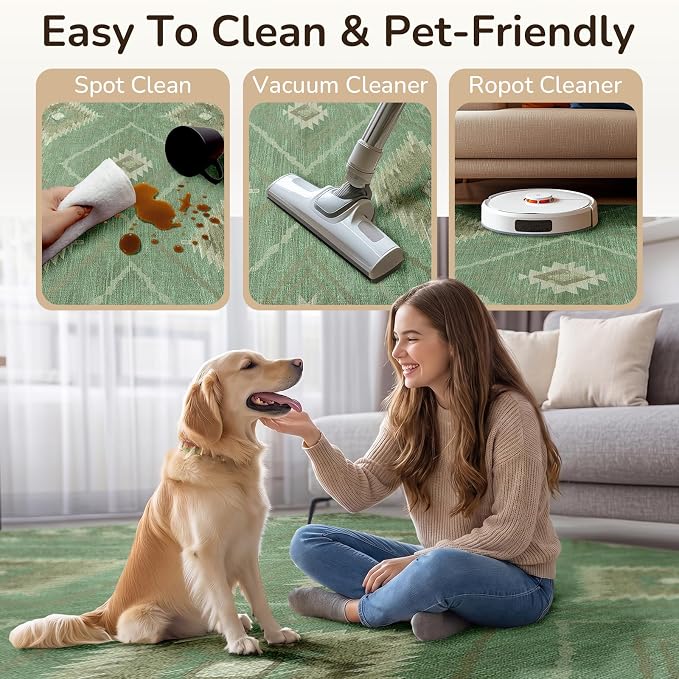 8'x10' Washable Area Rug for Living Room Bedroom Sage Green | Soft Western No Slip Low Pile Print Foldable Indoor for Kitchen Dining Room