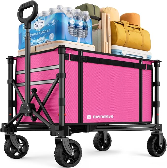 3 in 1 Collapsible Wagon Converts to Bench, 220lbs Foldable Wagon Cart with Wheels, 120L Shopping Cart for Groceries Folding Utility Wagon for Beach, Garden, Camping, Sport, Wheelbarrows, Pink