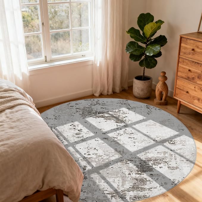 ROYHOME Modern Abstract 4x4 Round Area Rug Non Slip, Taupe/Beige | Non Shedding Rug Low Pile Stain Resistant for Bedroom Living Room office Dining Room