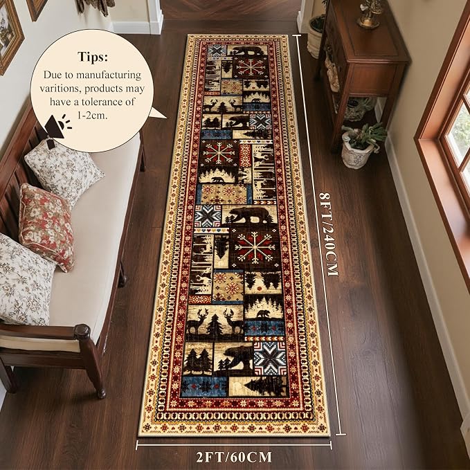 LOKHOM 2x8 Hallway Runner Rug, Non Slip Washable Western Cabin Bear Rugs | Bear Pattern, Low Pile Soft Kitchen Rug, Vintage Wildlife Accent Carpet Runner, For Laundry Bedroom Entryway Nursery