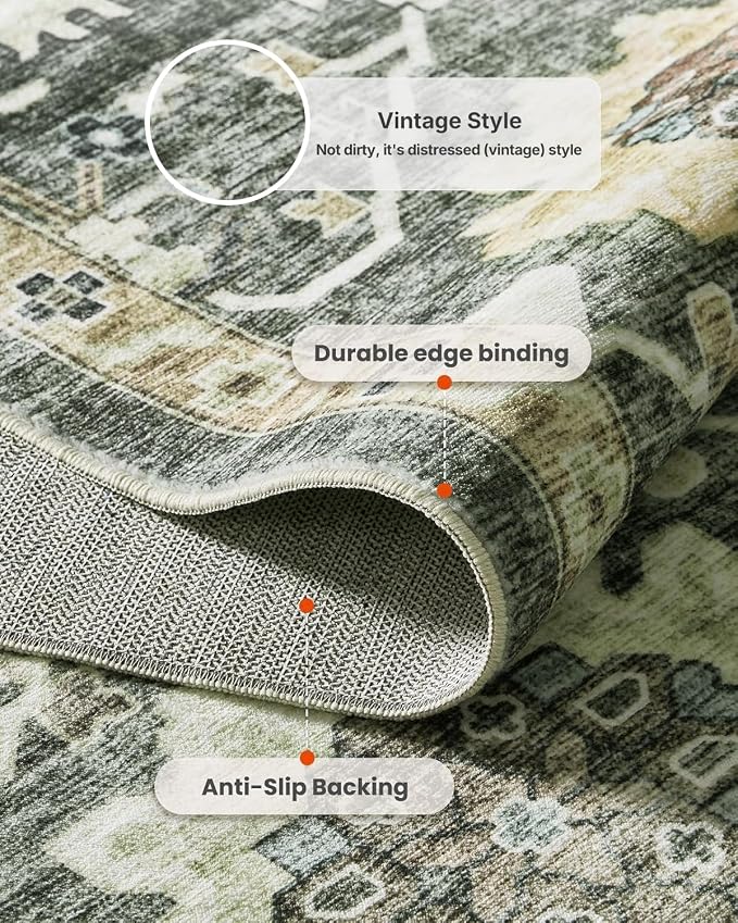 AMADA HOMEFURNISHING 6x9 Area Rugs, Blue Low-Profile Washable Rug with Non-Slip Backing & Durable Edge Binding, Vintage Rugs for Living Room, Bedroom, Dining Room