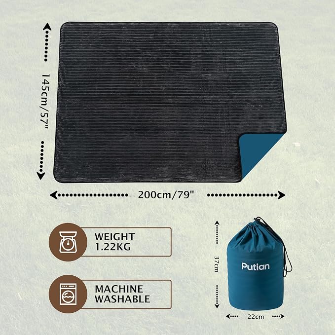 PuTian Waterproof Outdoor Blanket 79"X57" Packable, Stadium & Car Camping Blanket with Corduroy Fleece Lining, Windproof Throw for Picnic Hiking Road Trip, Machine Washable, Blue 350GSM