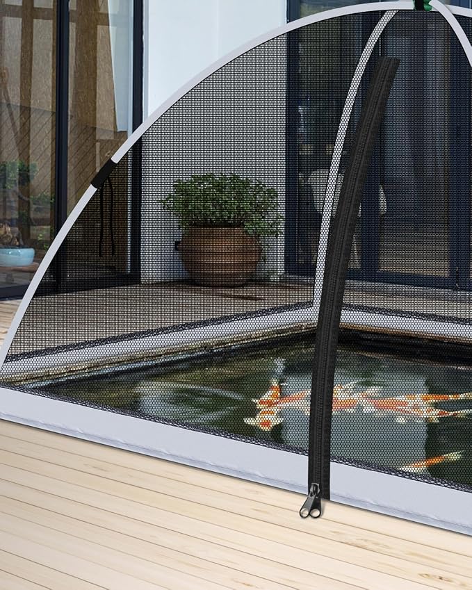 8 * 10ft Pond Cover Dome,Garden Pond Net Pond Mesh Tent with Ropes, Stakes and Fiberglass Poles, Pond and Garden Cover Protective Tent Dome Netting for Pond Pool and Garden