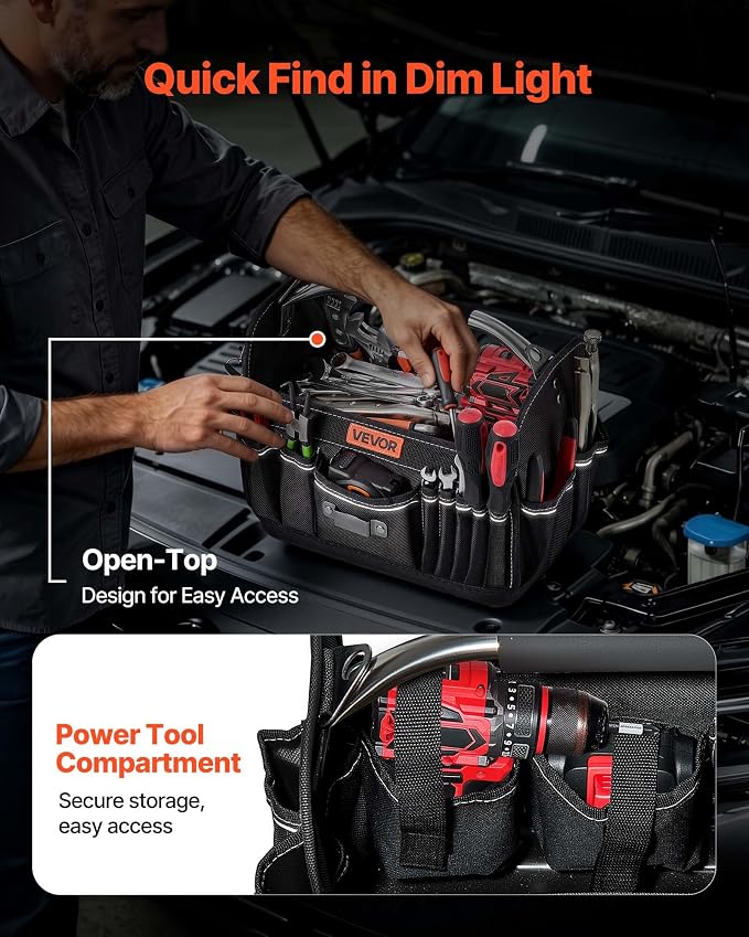 VEVOR Tool Bag, 13 Inch, 33-Pocket Open Top Tool Tote, Portable Electrical Maintenance Toolbox Organizer Storage with Hard Plastic Base, Adjustable Shoulder Strap, for Professionals DIY & Jobsite Use