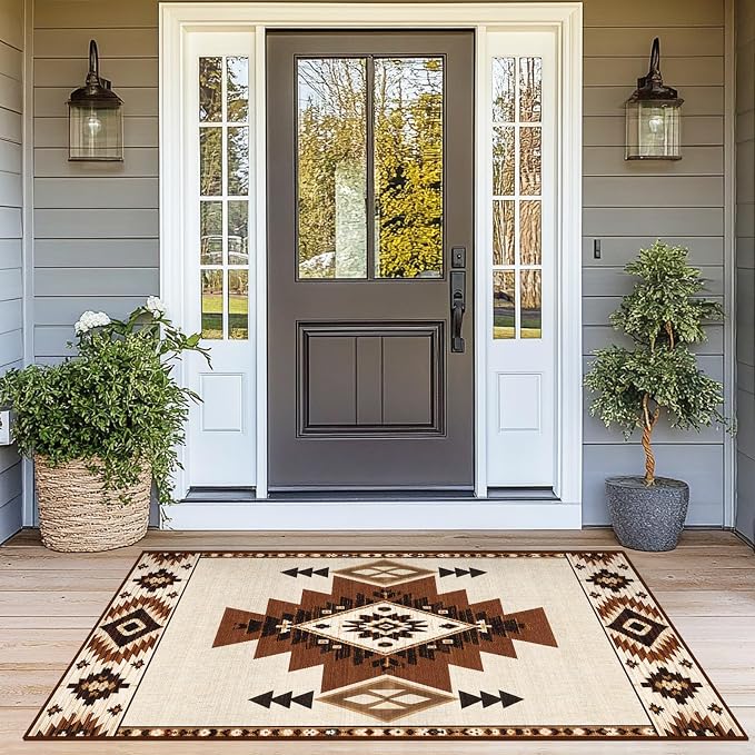 Western Rug 4x6 Area Rug for Living Room Southwestern Aztec Rugs | Machine Washable Southwest Tribal Navajo Rugs Low Pile Non-Slip Beige Floor Carpet for Dining Room Bedroom Kitchen Office