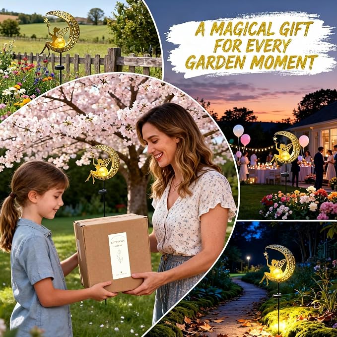 Solar Moon Fairy Garden Stake Light, Outdoor Waterproof Metal Yard Art with Crackle Glass, Decorative Solar Pathway Lights for Patio Lawn, Gift for Housewarming Mother's Day for Mom Women