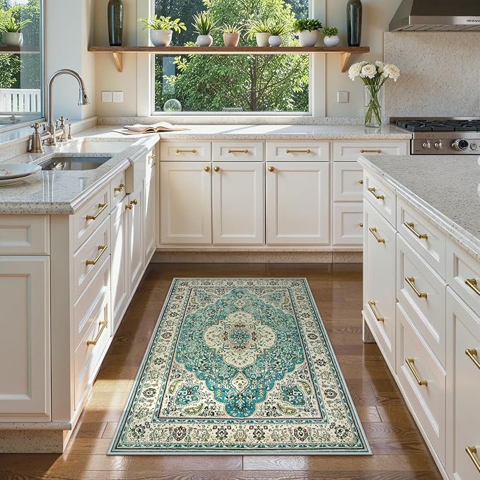 Lahome Felice Floral Medallion Area Rug - 3x5 Distressed Entry Throw Rug Turkish Indoor Accent Rug Non-Slip Washable Low-Pile Carpet for Entrance Living Room Bedroom Dining Table, Sky/Baby Blue
