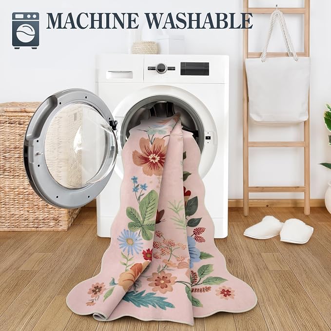 Lahome Floral Kitchen Runner, 2X6 Washable Runner Rug Non-Slip | Ultra-Thin Soft Hallway Rug Stain Resistant Boho Carpet for Bedroom Laundry Bathroom Flore, Light Pink