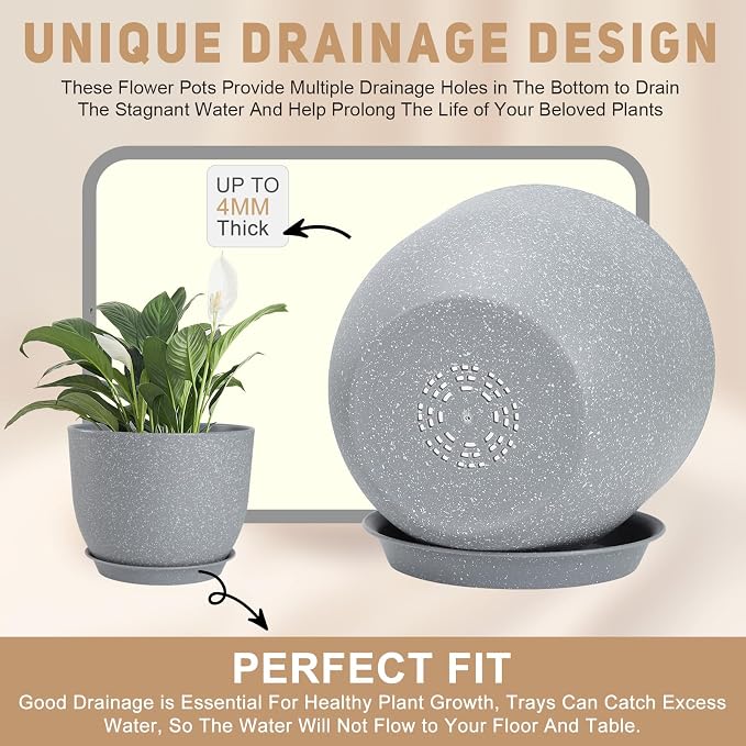 YNNICO Plant Pots 10/9/8/7.5/7 inch Flower Pots with Multi Mesh Drainage Holes, Planters for Indoor Outdoor Garden Plants and Flowers. (Gray)
