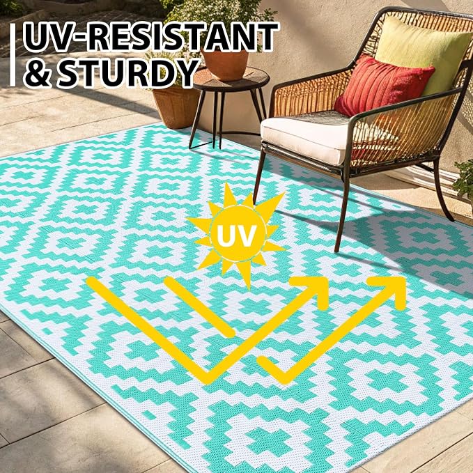 Smiry Waterproof Outdoor Rug 4x6 ft, Reversible Plastic Straw Patio Camping Rugs, Outdoor Indoor RV Mat Carpet for Patio, Outside Entry, Backyard, Deck, Bench, Picnic, Camper, White & Teal