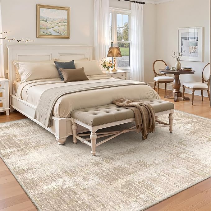 Valenrug 5x8 Area Rug, Abstract Large Washable Rugs for Living Room, Beige | Soft Thin & Lighweight, Folable, Stain Resistant Low Pile Non Slip Modern Distressed Carpet Rugs for Bedroom, Dining Room