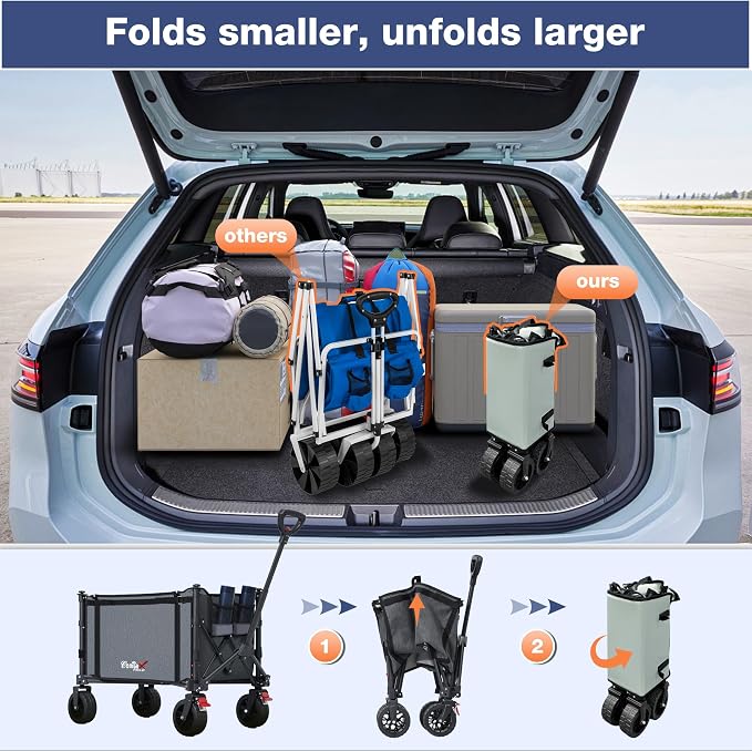 Collapsible Wagon Cart Foldable with Big Wheels Brakes, 250lbs Folding Utility Lightweight Garden Wagon, Portable Grocery Cart for Camping Shopping Sports Pets, Grey