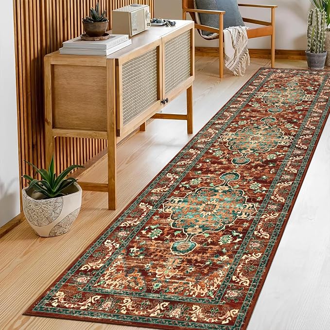 U'Artlines 2' x 8' Boho Hallway Runner Rug, Washable Carpet, Rust＆Teal | Non Slip, Vintage Farmhouse Accent Area Rug Carpet, for Kitchen Entryway Laundry and Living Room