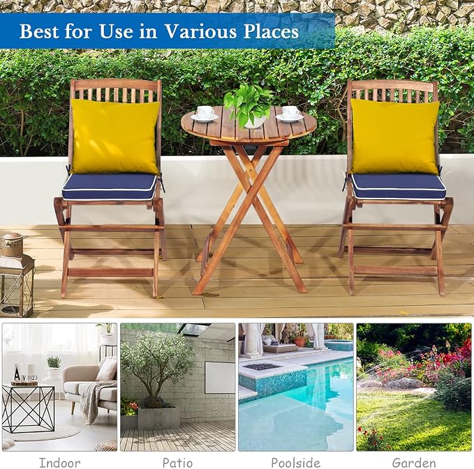 FANTASK 3 Pieces Folding Acacia Wood Bistro Set, Patio Furniture Set with Cushions & 1 Round Table, Indoor Outdoor Bistro Table and Chairs Set of 2 for Patio, Garden, Poolside, Porch, Lawn (Navy)