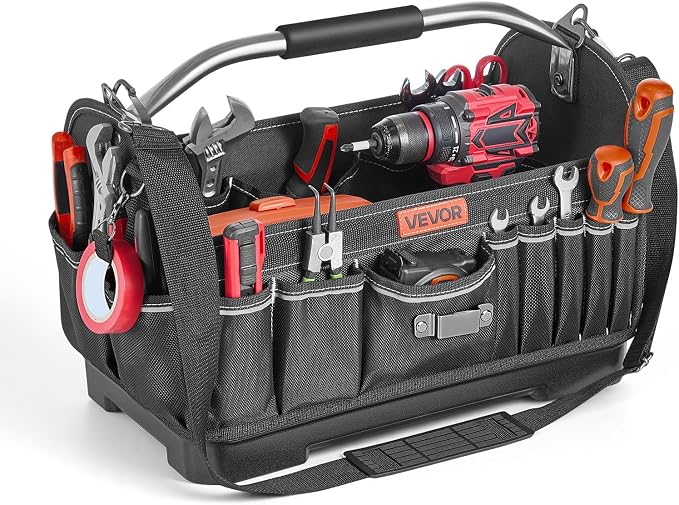 VEVOR Tool Bag, 16.1 Inch, 33-Pocket Open Top Tool Tote, Portable Electrical Maintenance Toolbox Organizer Storage with Hard Plastic Base, Adjustable Shoulder Strap, for Professionals DIY & Jobsite