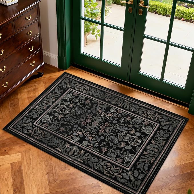 GarveeHome Small Area Rugs 2x3 Non Slip Washable Entryway Rug, Black | Boho Vintage Front Door Mat Soft Low-Pile Stain Resistant Indoor Throw Carpet for Kitchen Bathroom Bedroom Decor