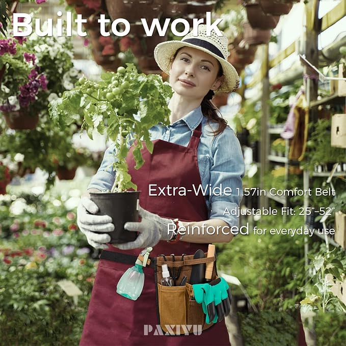 Garden Tool Belt for Women & Men, Slim Denim Garden Apron with 4 Pockets, Lightweight Adjustable Tool Pouch for Gardening, Florist, DIY & Craft, Khaki