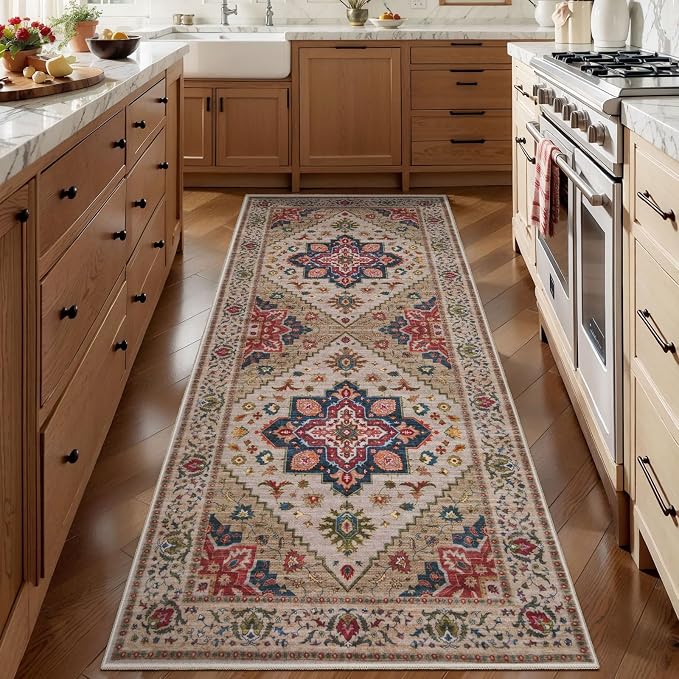 Tangsoo Vintage 2x6 Washable Runner Rug for Hallways, Non Slip Rug Runners | Oriental Soft Low Pile Rug, Boho Print Carpet Farmhouse Hallway Runner for Kitchen Bedroom Entryway Bathroom Beige/Red