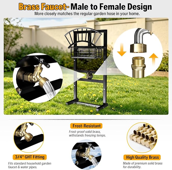 Garden Hose Holder Freestanding with Brass Faucet, Metal Heavy Duty Freestanding Garden Hose Hanger Storage Stand, Hose Storage for Outside Yard Lawn Farm, Outdoor Organizer