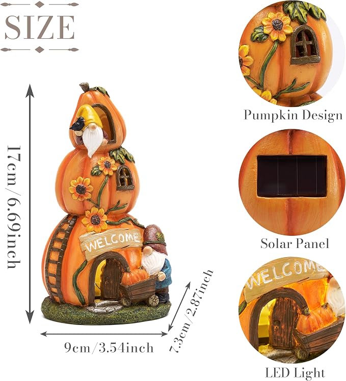 TERESA'S COLLECTIONS Fall Decor, Pumpkin Decor, Orange Pumpkin Fairy House and Gnomes Santa with Solar Lights, Waterproof Resin Outdoor Fall Decor, Fall Gifts Outdoor/Indoor, 6.7"